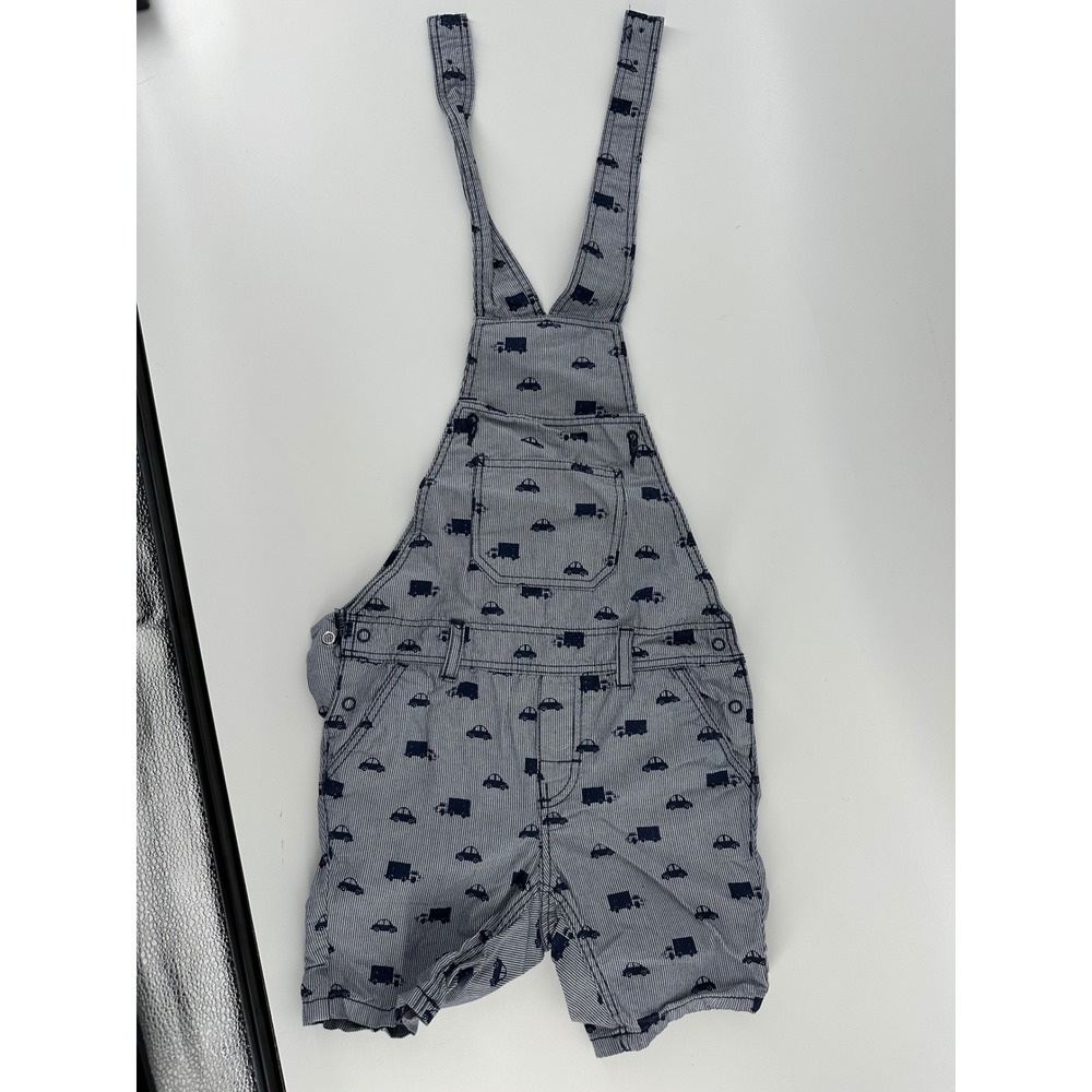 H&M Baby Boys Blue White Hickory Stripe Car Truck Print Overalls Shortall